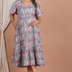 Hand Block Print Maternity Dress With Breast Feeding Zip And Pocket Printed Pregnancy Wear Gown Nursing Dress Gift For Mom