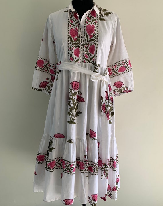 Hand Block Print Cotton Dress Summer Wear Dress Floral Print Regular Wear Gown Belt And Button Dress With Pocket Gift For Her