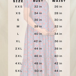May include: A size chart for women's wear, featuring bust and waist measurements in inches. The chart ranges from XXS to 6XL, with bust sizes from 32 to 52 inches and waist sizes from 26 to 46 inches. The text "Women's Wear Size Chart" is at the top.