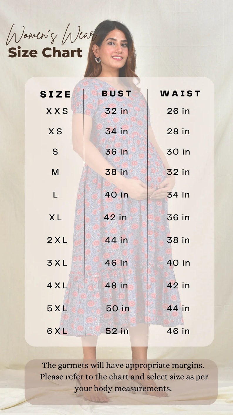 May include: A size chart for women's wear, featuring bust and waist measurements in inches. The chart ranges from XXS to 6XL, with bust sizes from 32 to 52 inches and waist sizes from 26 to 46 inches. The text "Women's Wear Size Chart" is at the top.