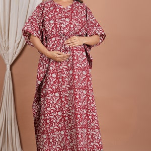 Hand Block Cotton Print Pregnancy Kaftan With Breast Feeding Zip Daily Wear Nursing Gown Printed Maternity Kaftan Gift For Mom
