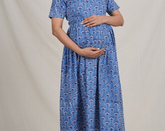 Printed Maternity Dress For Women Delivery Labour Nursing Kurtis Cotton Pregnancy Gown Nursing Wear Dress With Zip Baby Feeding Gown