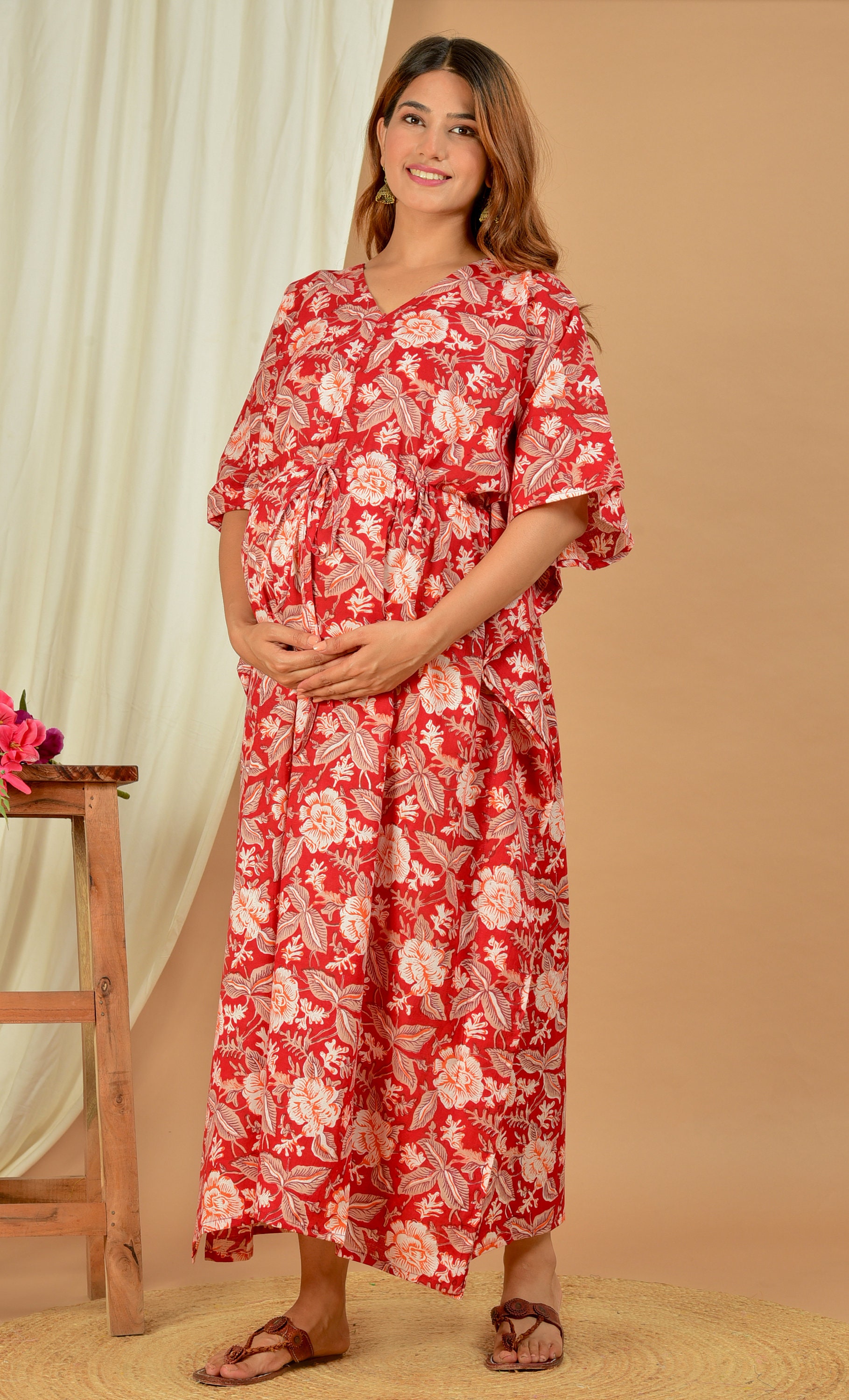 Floral Hand Block Print Maternity Kaftan Pregnancy Wear Dress Printed Long Kaftan With Easy