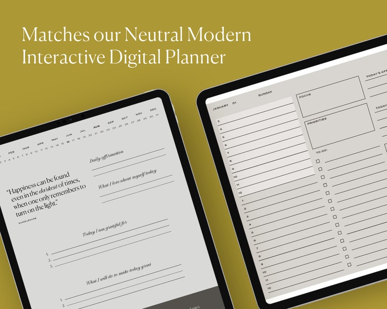 Pu&ograve; includere: Un'app di pianificazione digitale sullo schermo di un tablet. L'app include un pianificatore giornaliero con sezioni per la concentrazione, le priorit&agrave; e un elenco di cose da fare. L'app include anche una vista del calendario e una sezione per le affermazioni quotidiane e la gratitudine.