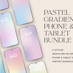 Könnte beinhalten: Ein Set mit 21 pastellfarbenen Gradienten-Telefon- und Tablet-Mockups. Die Mockups zeigen eine Vielzahl von Farben und Verläufen, darunter Rosa, Blau, Grün und Gelb. Die Mockups sind sowohl in Telefon- als auch in Tablet-Größen verfügbar und können verwendet werden, um Ihre Designs, Apps oder Websites zu präsentieren.
