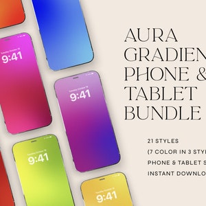 May include: A collection of 21 phone and tablet mockups with gradient backgrounds in 7 colors. The mockups feature a digital clock displaying "9:41" on the screen. The text "AURA GRADIENT PHONE & TABLET BUNDLE" is displayed above the mockups. The text "21 STYLES (7 COLOR IN 3 STYLES) PHONE & TABLET SIZE INSTANT DOWNLOAD" is displayed below the mockups.