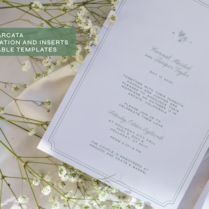 Op de afbeelding: Een witte huwelijksuitnodiging met elegant schrift, met de namen Hannah Murdork en Juniper Taylor, en de datum 10 oktober 2026. De uitnodiging bevat de tekst "The Arcata Invitation and Inserts Editable Templates".