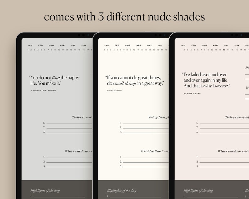 Pu&ograve; includere: Tre pagine di planner digitale con colori di sfondo diversi. Ogni pagina ha una citazione in alto, una sezione per "Oggi sono grato per", "Cosa far&ograve; per rendere oggi fantastico", e "Punti salienti della giornata".