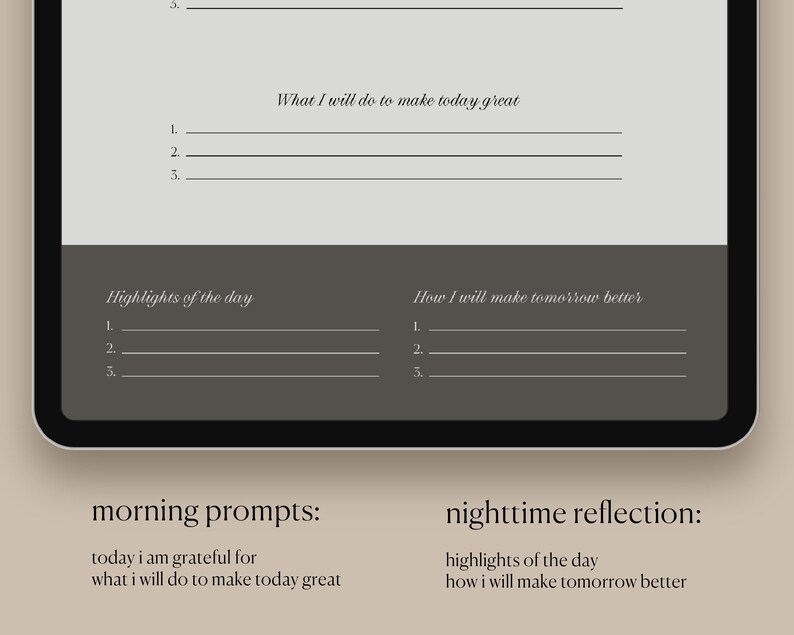 Pu&ograve; includere: Un planner digitale con sfondo grigio e testo bianco. Il planner include sezioni per la gratitudine quotidiana, gli obiettivi, i momenti salienti della giornata e come rendere il domani migliore.