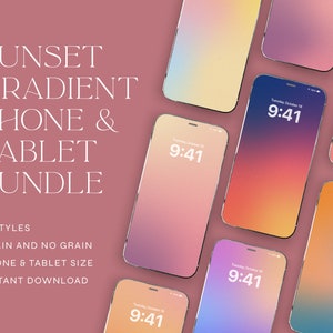 May include: A collection of 21 sunset gradient phone and tablet backgrounds. The backgrounds feature a variety of colors, including pink, orange, yellow, and blue. The backgrounds are available in both grain and no grain versions. The text "9:41" is displayed on each background.