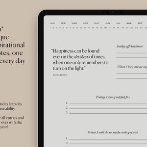Pu&ograve; includere: Un planner digitale con un calendario, affermazioni quotidiane e spunti per la gratitudine e l'introspezione. La citazione "La felicit&agrave; si pu&ograve; trovare anche nei momenti pi&ugrave; bui, quando ci si ricorda semplicemente di accendere la luce." &egrave; attribuita a Dumbledore.
