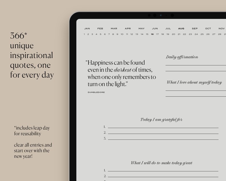 Pu&ograve; includere: Un planner digitale con un calendario, affermazioni quotidiane e spunti per la gratitudine e l'introspezione. La citazione "La felicit&agrave; si pu&ograve; trovare anche nei momenti pi&ugrave; bui, quando ci si ricorda semplicemente di accendere la luce." &egrave; attribuita a Dumbledore.