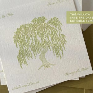 May include: A stack of ivory-colored "Save the Date" cards with a green weeping willow tree design. The cards include the text "June 13, 2024", "Nicole and Larsen", and "Springville, Utah". The text "THE WILLOW SAVE THE DATE EDITABLE TEMPLATE" is also present.