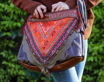 Vintage | Thai Boho Hippie Baby Carrier Bag in Orange & Brown Leather