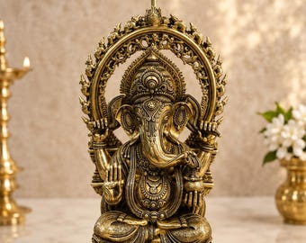 Large Brass Lord Ganesha Statue with Umbrella | Sitting Ganesh Idol | Handmade Hindu Temple Decor | Luxury Home Mandir Murti