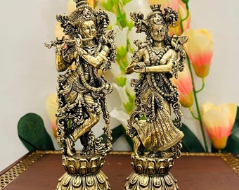 Estatua de Radha Krishna de latón hecha a mano: ídolo hindú de pareja divina, decoración para el hogar y el templo.