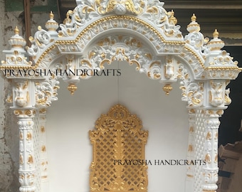 Handcrafted Wooden Mandir: White & Gold Hindu Home Temple with Storage