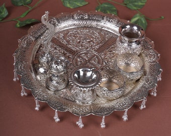 German Silver Pooja Thali Set, Haldi Kumkum, Diwali Gift