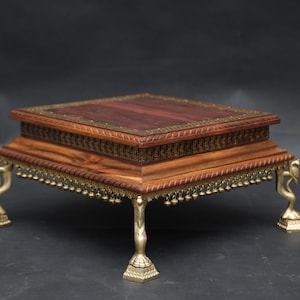 Handcrafted Wood and Brass Bajot | Indian Pooja Chowki | Decorative Wooden Pedestal | Traditional Mandir Stand | Ethnic Home Decor Table