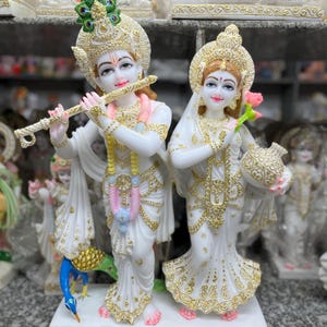 Large 27" Radha Krishna Marble Dust Idol with Peacock | Krishna Flute Statue | Radha with Water Pot | Hindu Temple Decor