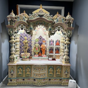 Teak Wood Pooja Mandir: Indian Home Temple with Brass Accents