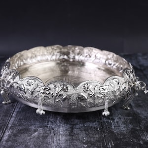 Cuenco Urli de plata alemana: diseño de pavo real, decoración de Diwali