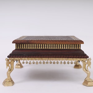 Handcrafted Wooden Bajot with Brass Inlay | Traditional Indian Pooja Chowki | Decorative Low Table for Home Mandir & Decor