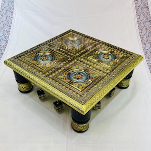 Handcrafted Wood and Brass Bajot | Indian Pooja Chowki | Decorative Wooden Pedestal | Traditional Mandir Stand | Ethnic Home Decor Table