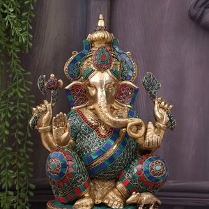 Ganesha Statue in Brass 40CM, Big Large Ganesha Idol with stonework, Ganpati Sculpture for Home Temple Puja, Ganesha Decor Hindu God of Luck