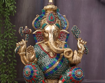 Large Brass Ganesha Statue: Hindu God Idol with Stonework (40CM)