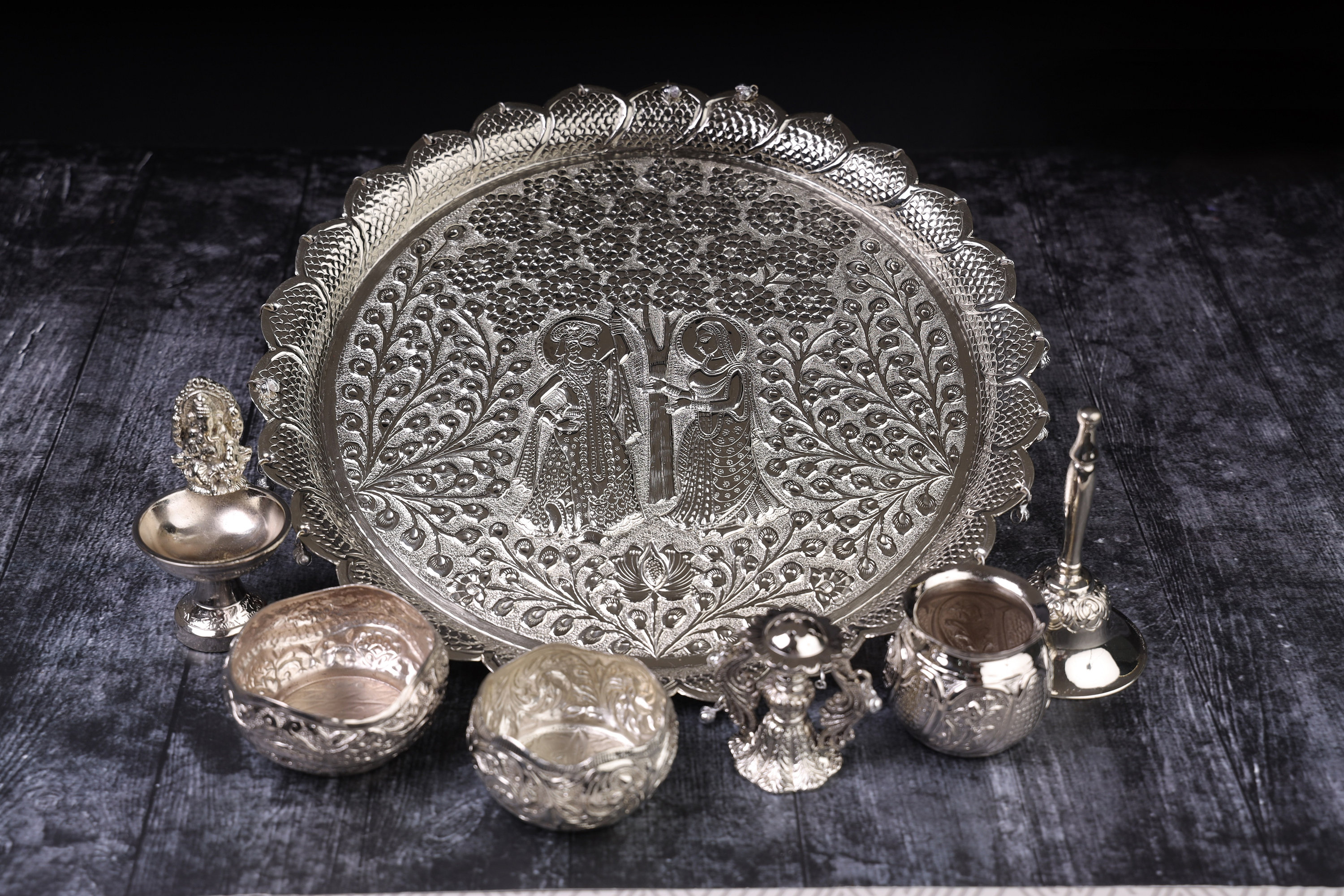 German Silver Polish Pooja Thali Set Haldi Pasupu Kumkum,pooja,pongal