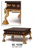 Wooden pedestal with Brass Ghungroos,Figures and Parrot Legs,Brass and wooden Indian chowki, low stool,