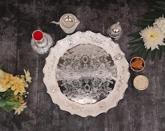 Silver Plated Laxmi Pooja Thali Set: Hindu Temple Decor, Diwali Gift