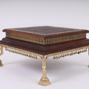 Handmade Teak Wood Pooja Chowki: Embossed Copper & Gold Bajot