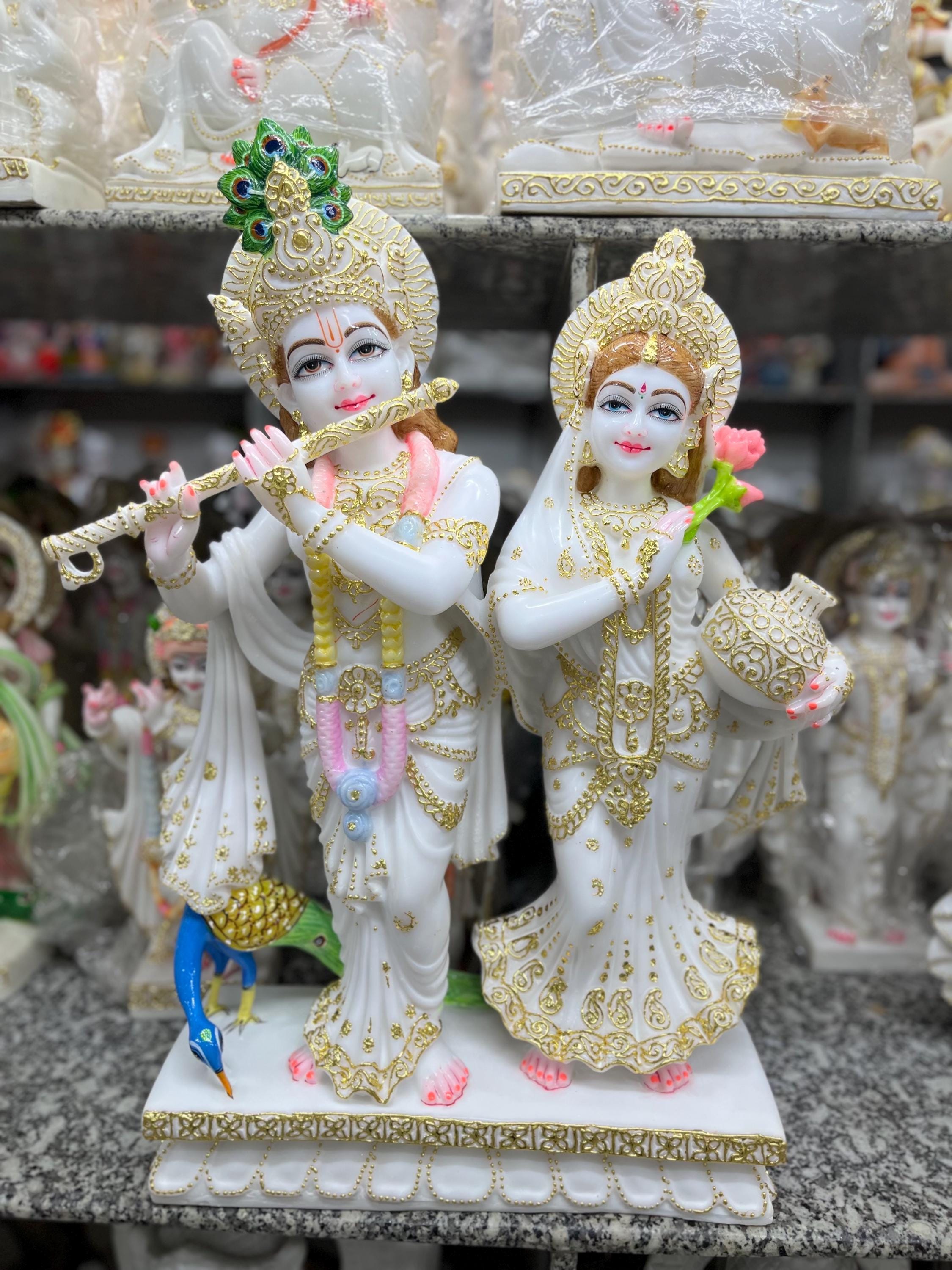 Large Radha Krishna Statue: Cultured Marble Temple Decor, 27 Inch