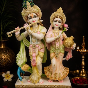 Grande idolo di polvere di marmo di Radha Krishna da 27 pollici con pavone / statua di flauto di Krishna / Radha con vaso d'acqua / decorazione del tempio indù
