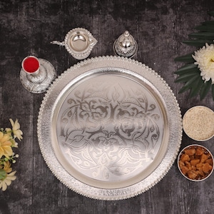 Embrace Sacred Traditions with this Elegant Hindu Puja Thali Set | Engraved Silver-Plated Plate