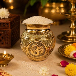 May include: A polished brass pot, known as a kalash, featuring an embossed Om symbol on its rounded body. The vessel is filled to the brim with white rice grains and displays intricate floral carvings around the neck and base of the metal container.