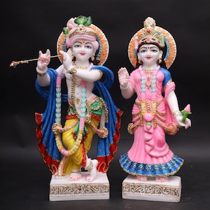 24 Inch Radha Krishna Marble Dust Statue: Hindu God Idol Set