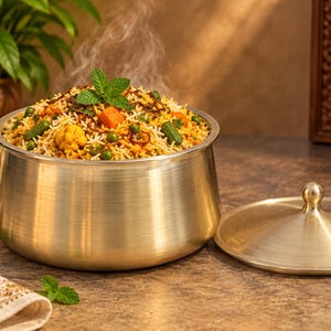 Op de afbeelding: Een ronde serveerkom van geborsteld messing gevuld met dampende groente-biryani, gegarneerd met verse muntblaadjes. De kom heeft een gladde, metalen afwerking en wordt vergezeld door een bijpassend, conisch messing deksel dat ernaast ligt.