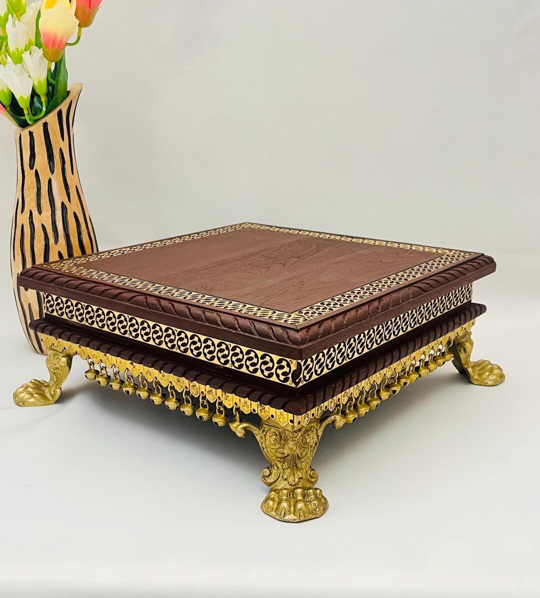 Handcarved Wooden Chowki Table: Indian Home Decor Bajot With Brass ...