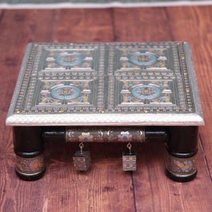 Handcrafted Wood and Brass Bajot | Indian Pooja Chowki | Decorative Wooden Pedestal | Traditional Mandir Stand | Ethnic Home Decor Table