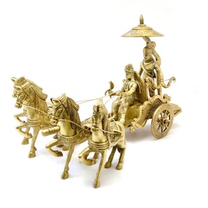 Krishna Arjuna Rath Streitwagen mit 4 Pferden Messing Prunkstück, Prunkstücke für Wohnkultur, Krishna auf Wagen Prunkstück