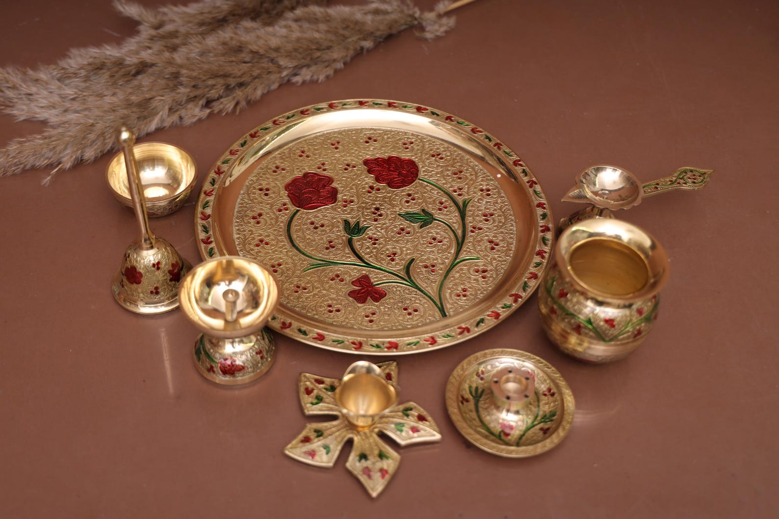 Handmade Brass Pooja Thali Set: 10-inch Indian Ritual Plate