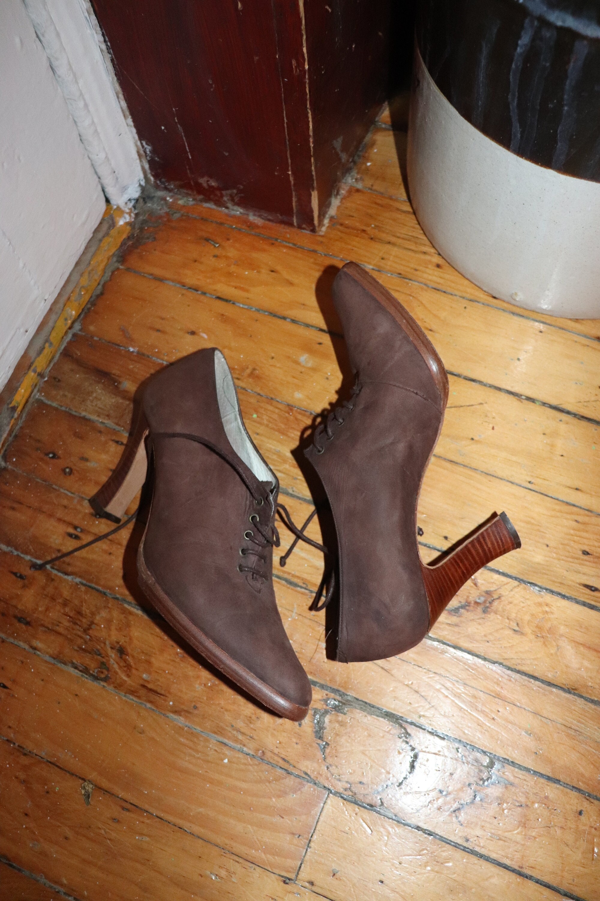 Brown suede top lace up heels