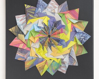 Handmade Origami Mandala Wall Art – Modern Geometric Paper Flower on Black Canvas