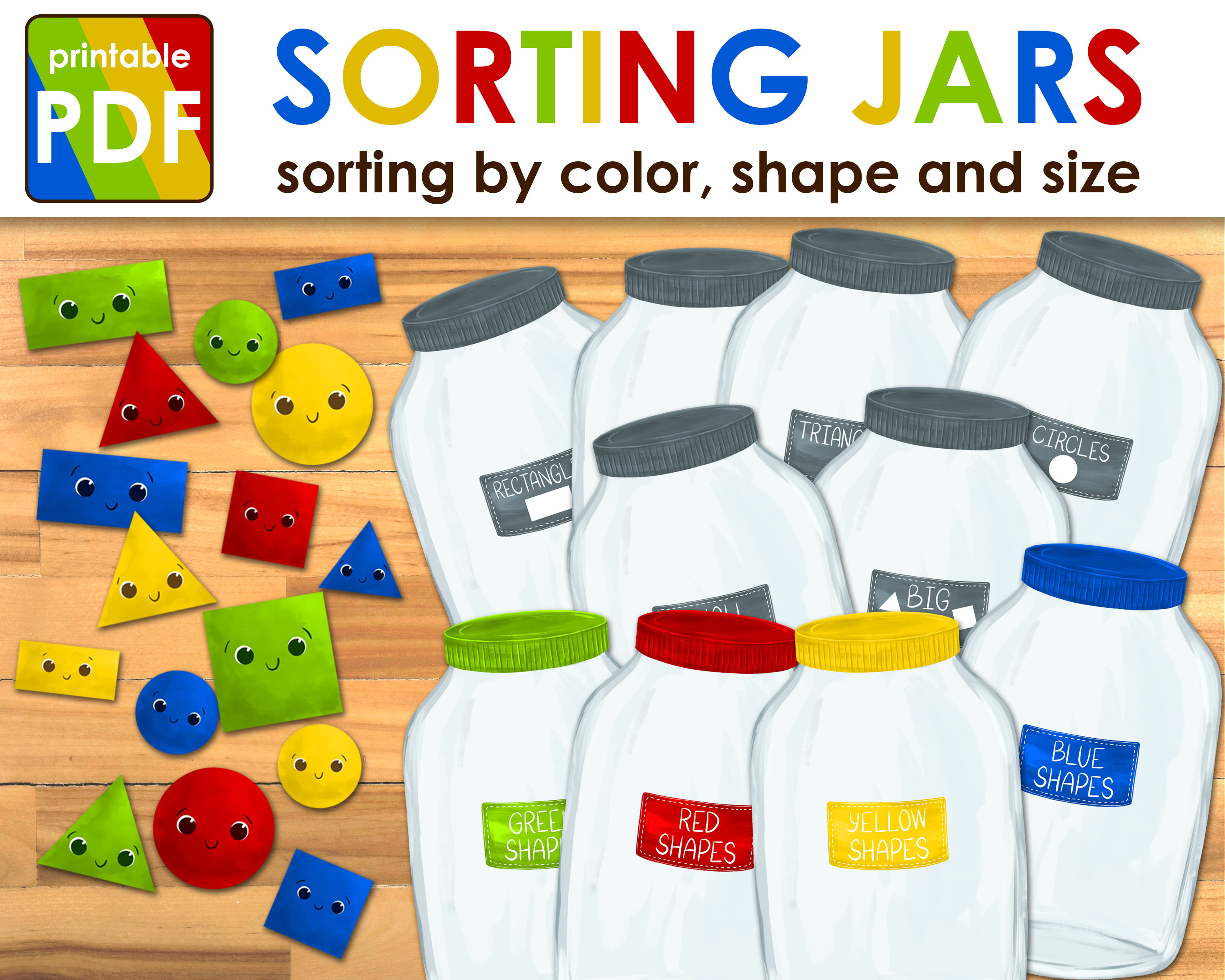 Sorting by Color Shape and Size Jars Printable Preschool | Etsy
