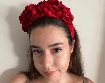 Red Velvet Wide Rose Flower Crown Headband/ alice band/ Floral halo headpiece/ Blue Velvet Headband/ Baroque floral crown/ velvet fascinator