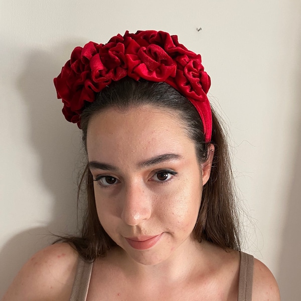 Bandeau Red Velvet Wide Rose Flower Crown / alice band / Floral halo headpiece / Blue Velvet Headband / Baroque floral crown / velvet fascinator