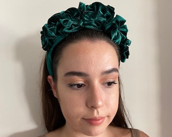 Green Velvet Wide Rose Flower Crown Headband/ alice band/ Floral halo headpiece/Velvet Headband/ Baroque floral crown/ velvet fascinator